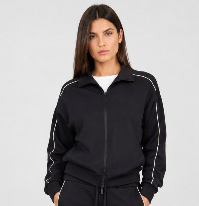 FELPA CON ZIP E PIPING BIANCO