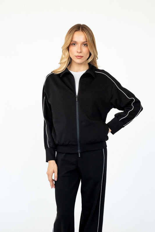 Felpa con Zip e Piping Bianco Ambra